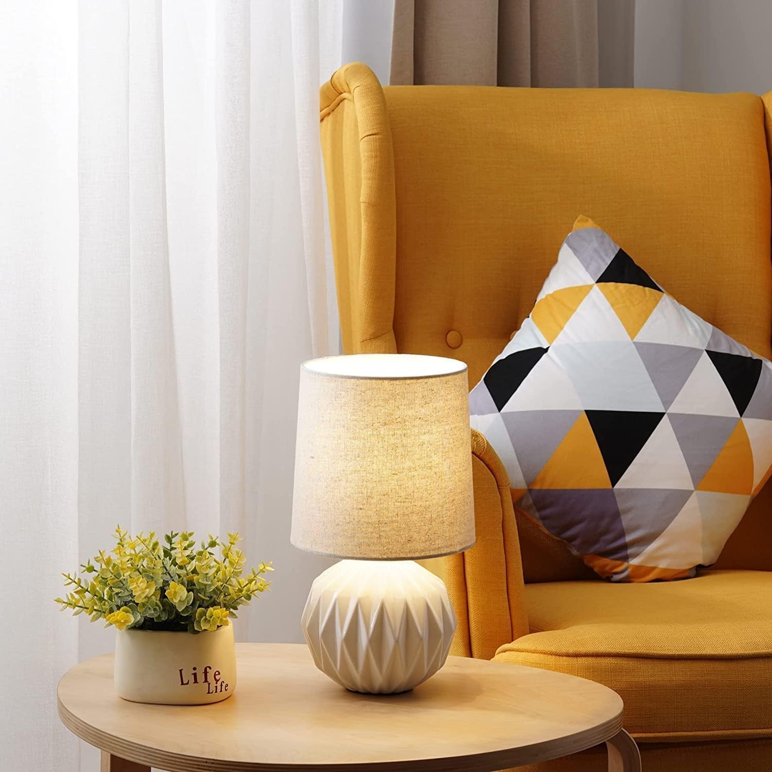 White Ceramic Table Lamp, Geometric Textured Small Bedside Lamp with Linen Shade, Mid Century Modern Nightstand Lamp for Bedroom Living Room Reading Room, H 12" X W 6.7", 7W LED Bulb Included
