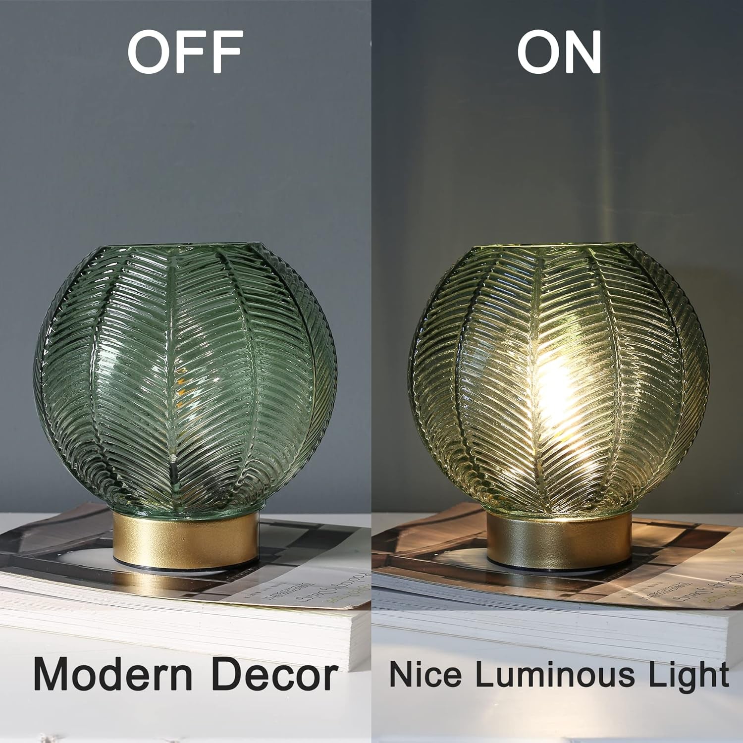 Battery Operated Lamp with Timer, Decorative Green Glass Table Lamp Cordless, Small Ambient Lamp for Bedside Bedroom Living Room Decor -Green