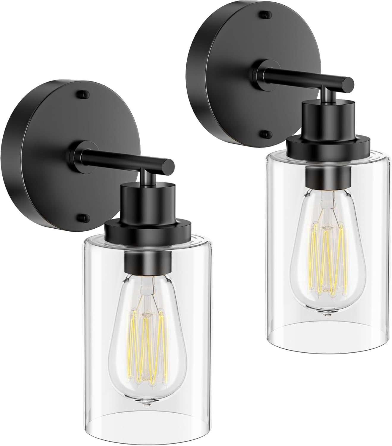 Set of 2 Bathroom Wall Sconce, Matte Black Vanity Light, Modern Wall Light Fixture with Clear Glass Shade and E26 Bulb Base, Wall Lamp Wall Mount Light Fixtures for Mirror, Bedroom