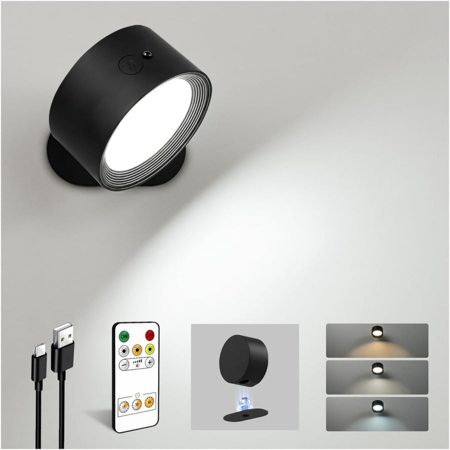 LED Wall Mounted Lights, Rechargeable Wall Sconces Lamp, 3 Color Temps & Remote and Touch, 360°Rotation Dimmable Cordless Wall Light for Study Bedroom Reading Bedside(Black, 1 Pack)