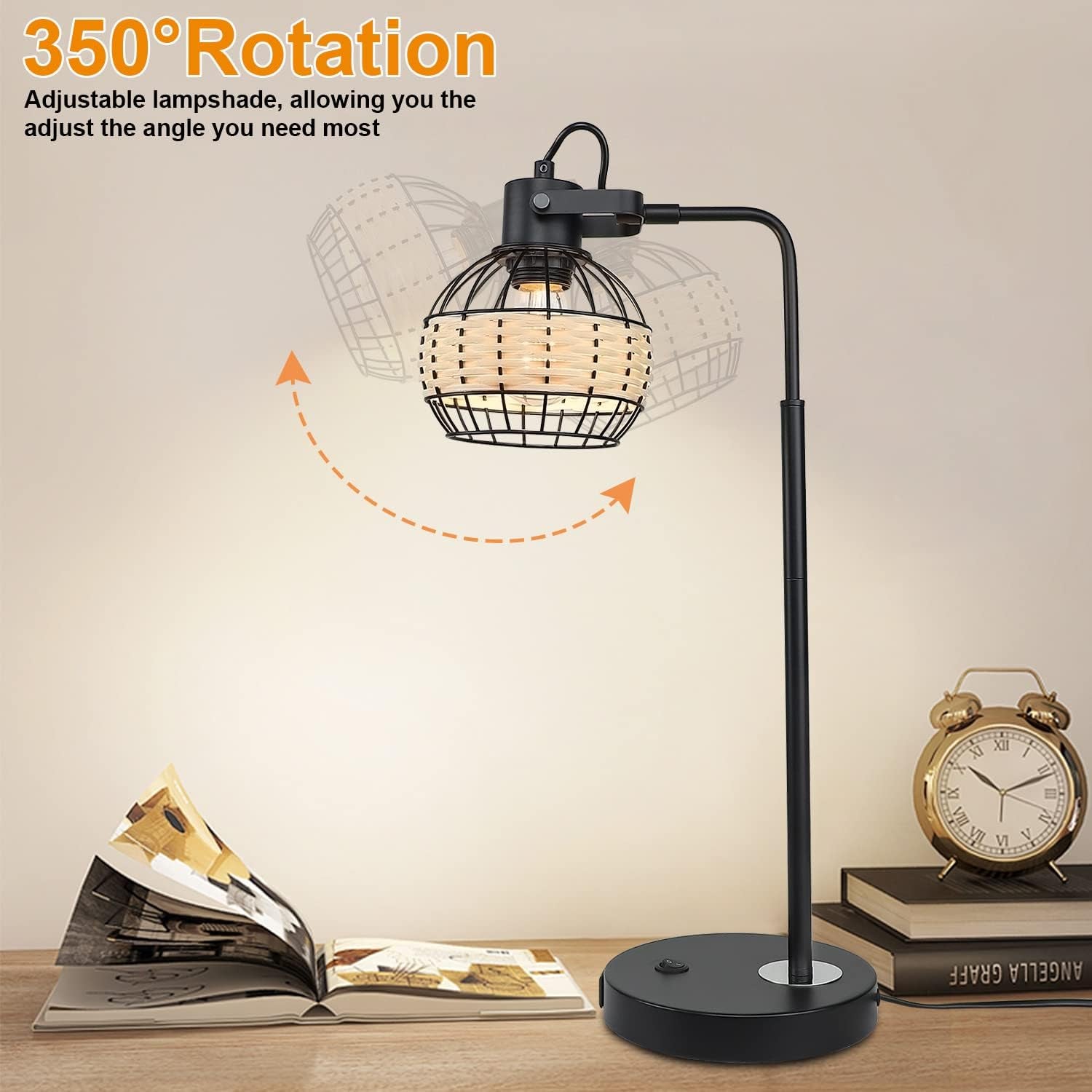 DLLT Industrial Black Table Lamp, 2 USB Ports Adjustable Head Desk Lamp, Modern Metal Nightstand Lamp with Rattan Shade, USB Bedside Lamps for Living Room Bedroom Office, E26 Bulb Included