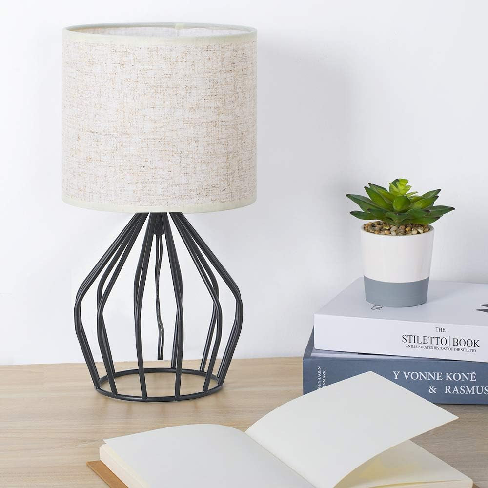 Black Modern Table Lamp - Minimalist Small Bedside Lamp with Hollowed Out Base Linen Fabric Shade, Vintage Nightstand Lamp for Bedroom Living Room Side Table Desk Kids Room