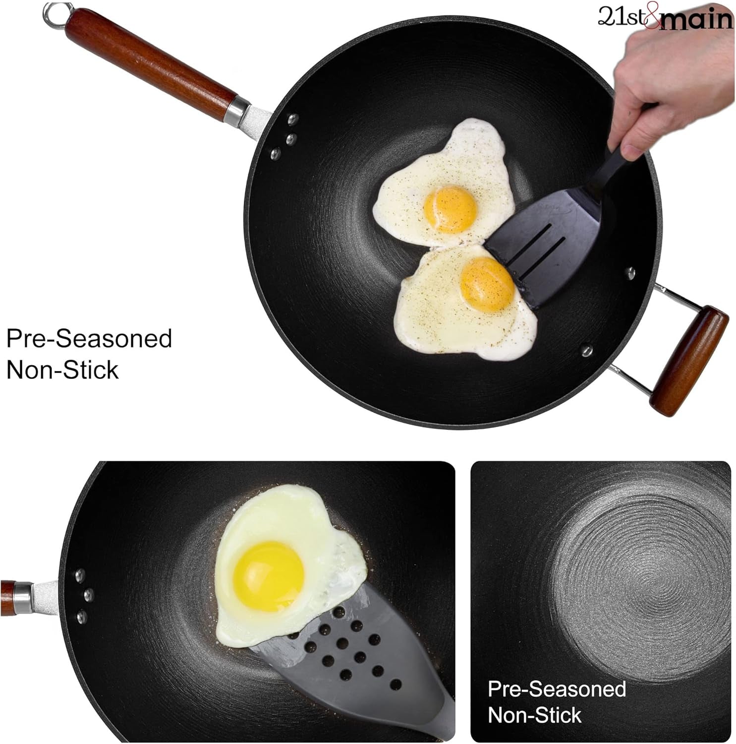 Light Weight Cast Iron Wok, Stir Fry Pan, Wooden Handle, 14 Inch, Chef’S Pan, Pre-Seasoned Nonstick, Commercial and Household, for Chinese Japanese and Others Cooking