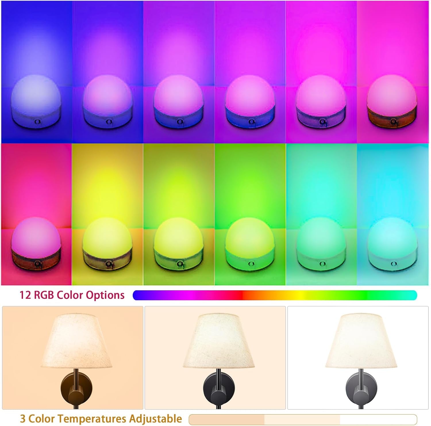 10000Mah Battery Operated Wall Sconces Set of Two with Remote, RGB Wireless Rechargeable Battery Powered Wall Light Black Wall Lamp, Night Light Magnetic Bulbs for Bedroom, Living Room