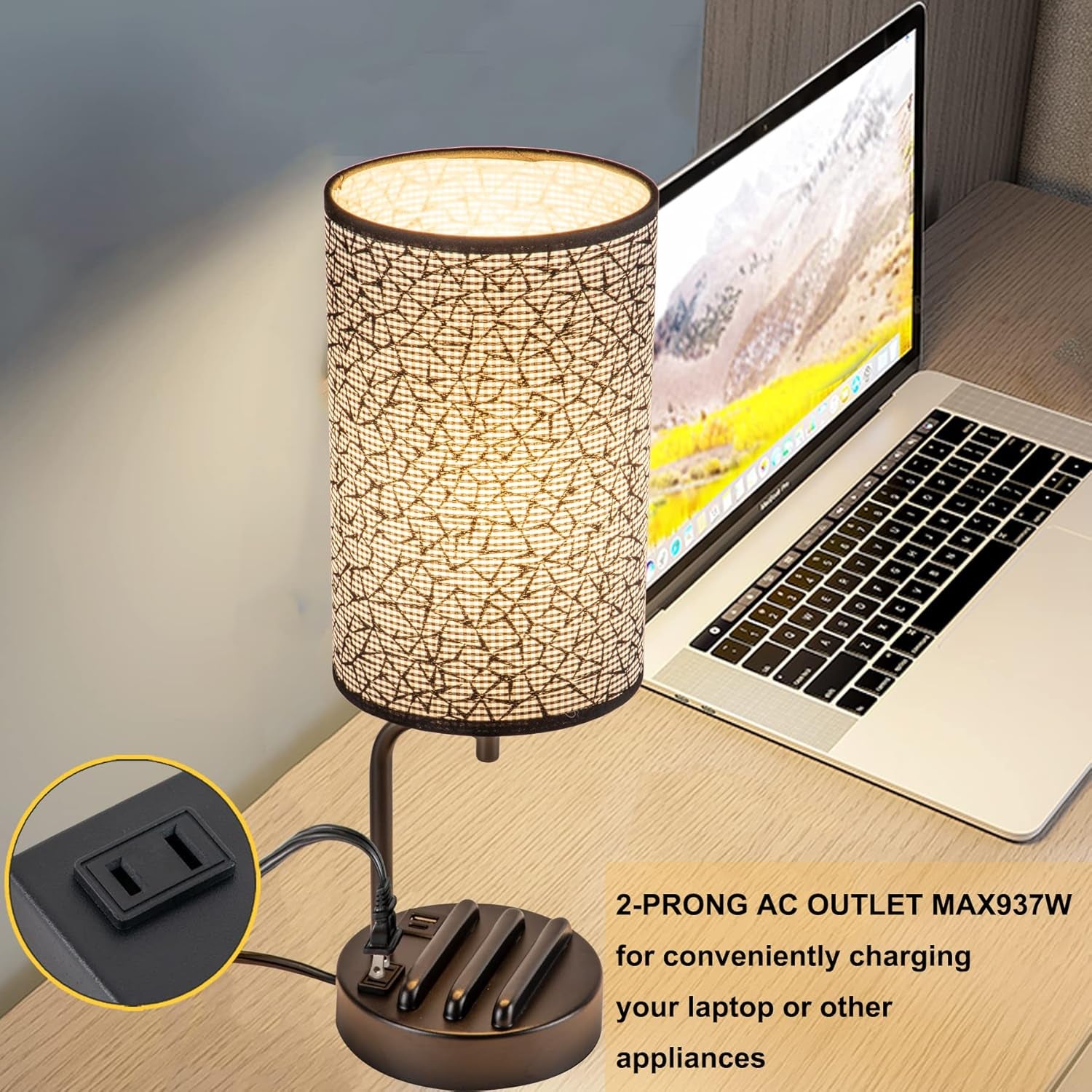 Touch Control USB Table Lamp, Upgraded 3-Way Dimmable Nightstand Desk Lamp with USB C & a Charging Ports and AC Outlet, Bedside Lamp for Bedroom Dimmable 9W LED Bulb Included
