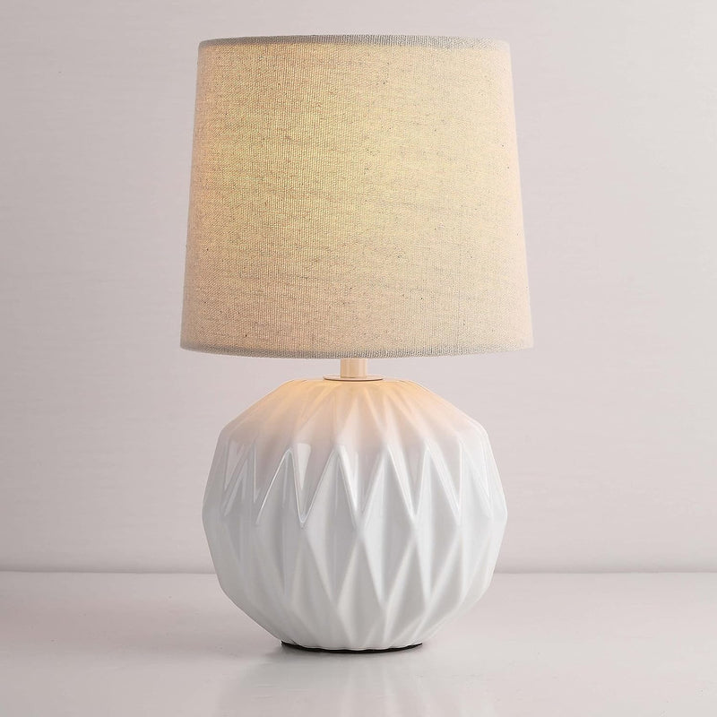 White Ceramic Table Lamp, Geometric Textured Small Bedside Lamp with Linen Shade, Mid Century Modern Nightstand Lamp for Bedroom Living Room Reading Room, H 12" X W 6.7", 7W LED Bulb Included