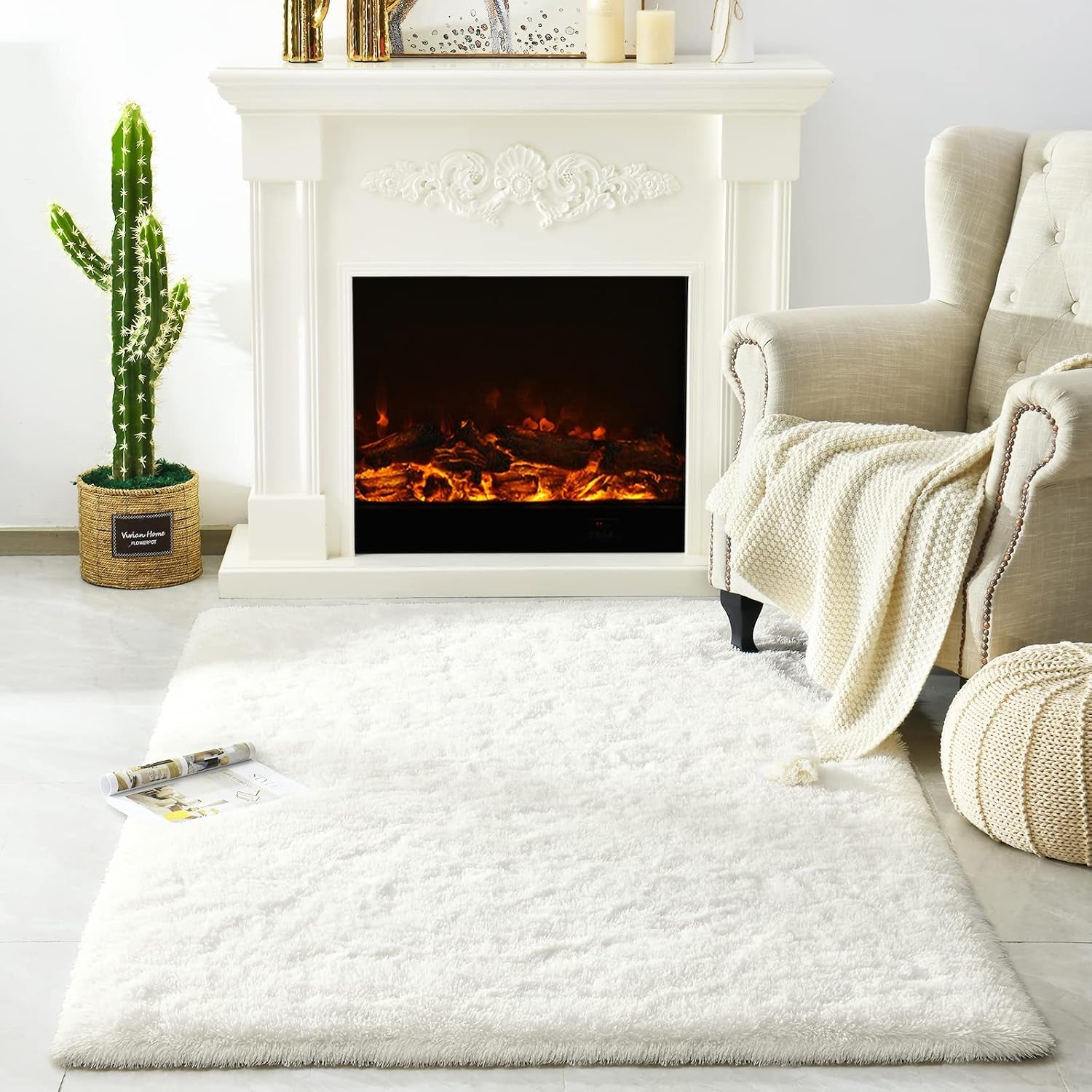 Modern Soft Fluffy Large Shaggy Rug for Bedroom Livingroom Dorm Kids Room Indoor Home Decorative, Non-Slip Plush Furry Fur Area Rugs Comfy Nursery Accent Floor Carpet 4'X6' Ivory