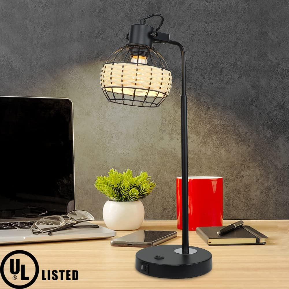 DLLT Industrial Black Table Lamp, 2 USB Ports Adjustable Head Desk Lamp, Modern Metal Nightstand Lamp with Rattan Shade, USB Bedside Lamps for Living Room Bedroom Office, E26 Bulb Included