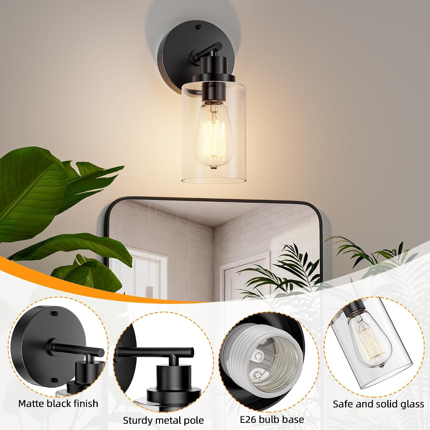 1-Light Bathroom Wall Sconce, Matte Black Vanity Light, Modern Wall Light Fixture with Clear Glass Shade and E26 Bulb Base, Wall Lamp Wall Mount Light Fixtures for Mirror, Bedroom, Hallway