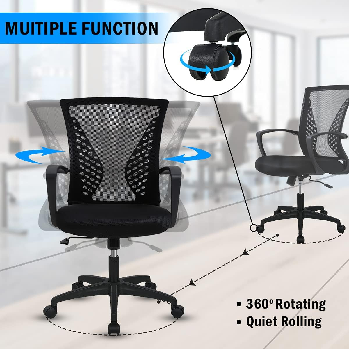 Ergonomic Office Chair Computer Desk Chair Mid Back Mesh Chair with Lumbar Support & Armrest, Adjustable Height Swivel Task Chair for Women Men Adult, Black