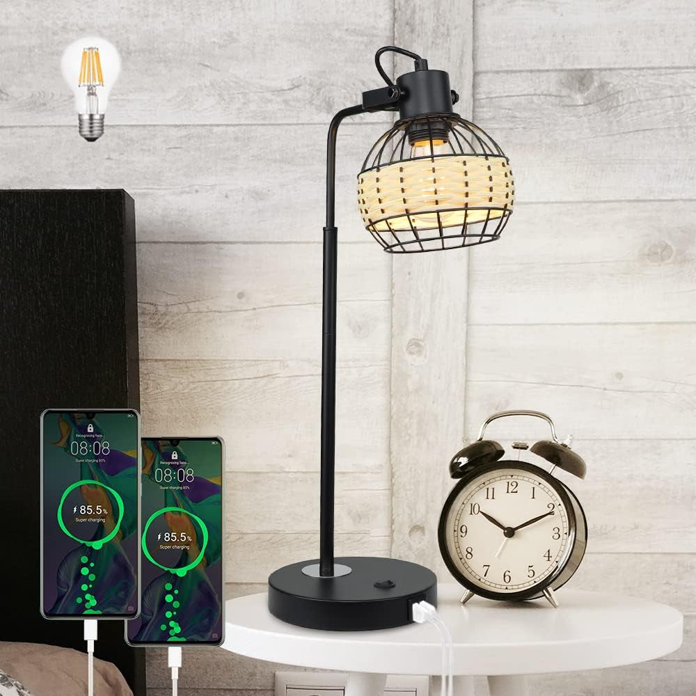 DLLT Industrial Black Table Lamp, 2 USB Ports Adjustable Head Desk Lamp, Modern Metal Nightstand Lamp with Rattan Shade, USB Bedside Lamps for Living Room Bedroom Office, E26 Bulb Included