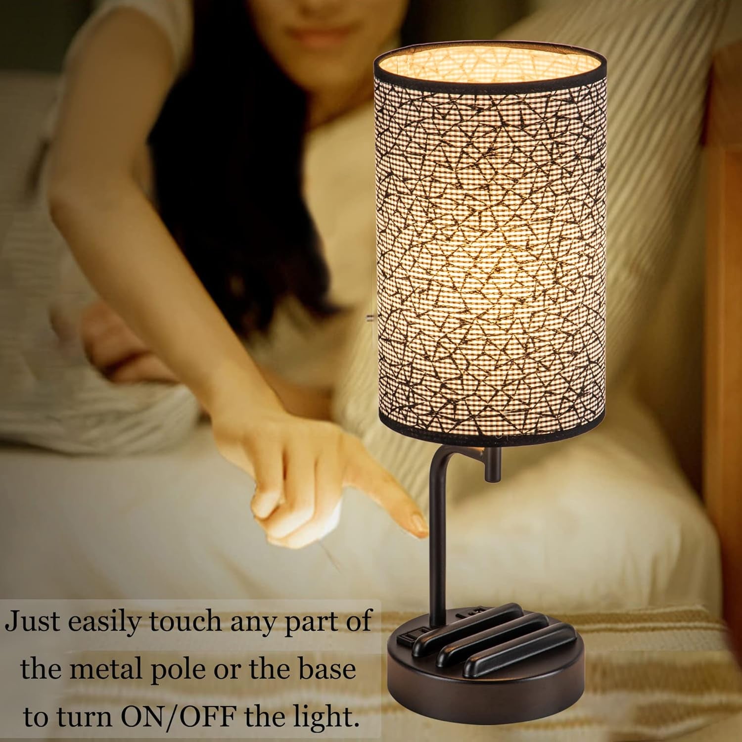 Touch Control USB Table Lamp, Upgraded 3-Way Dimmable Nightstand Desk Lamp with USB C & a Charging Ports and AC Outlet, Bedside Lamp for Bedroom Dimmable 9W LED Bulb Included