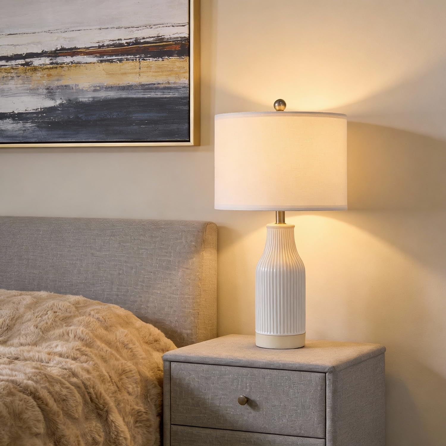 23.75" Modern Ceramic Table Lamps Set of 2, Stylish Bedside Lamps for Bedroom, Gorgeous Lamps for Nightstand, Lamps for Living Room, Farmhouse End Table Lamps, Cream Home Decor